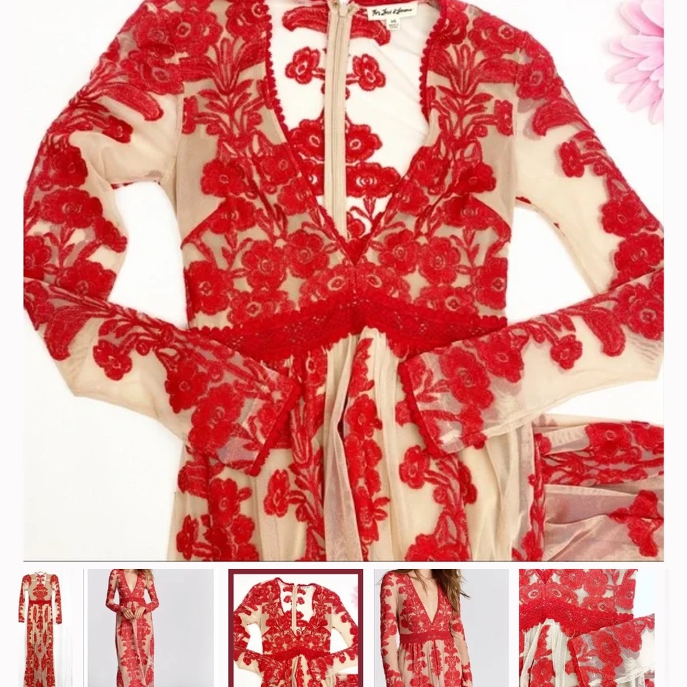 For Love & Lemons Temecula Lace Embroidered Maxi Dress: Red